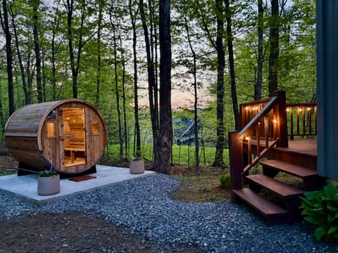 Private 6 person Scandinavian design barrel sauna • cabana towels provided