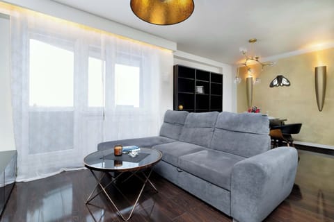 Relax in the stylish living room with a comfortable sofa and modern decor.