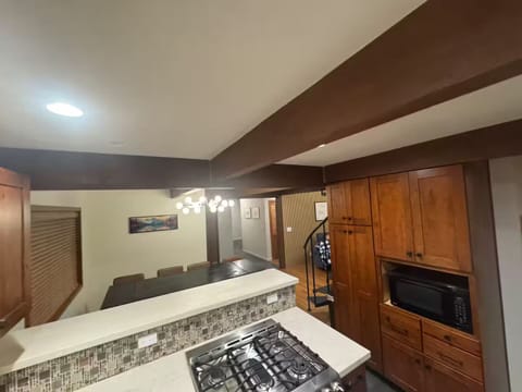 Gas cooktop and pantry for your food next to the microwave