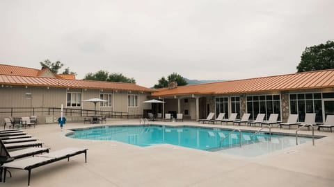 Courtyard pool area with loungers and umbrellas all around
