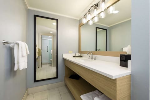 Bathroom with wide vanity, mirror, and walk-in shower