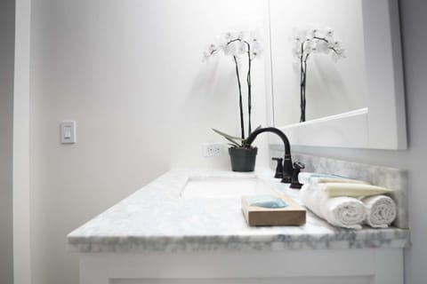 Marble counter with rolled towels, soap, and a small orchid plant