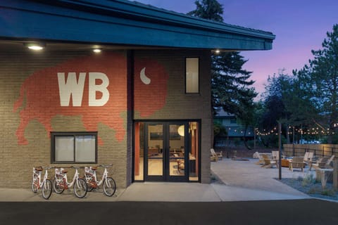 Large buffalo mural with bikes by the entrance