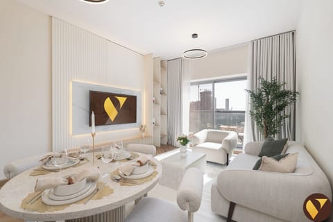 Luxury Apartment, Balcony, Pool View | Living area | 65-inch Smart TV with cable channels