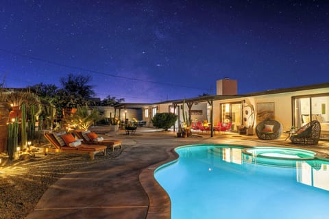 Back yard and pool at night