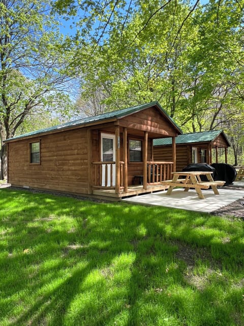 The exterior of Cabin #3 with picnic table, gas grill, and fire-ring.
