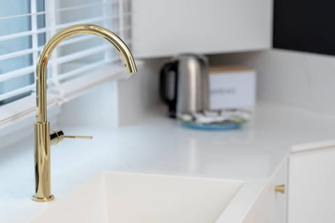 Refined kitchen sink area with gold faucet and high-quality finishes.