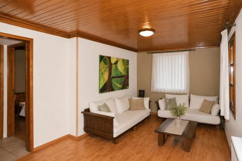 Comfortable living room with two sofa beds, warm wooden ceilings, and a cozy seating area—ideal for relaxing or accommodating extra guests after a day at Lake Doxa and in the Goura mountains.