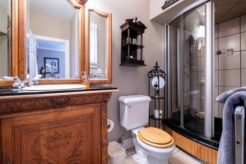 Private en-suite bathroom with walk-in shower, custom wood vanity, and polished fixtures.