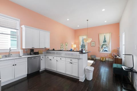 Kitchen- stainless steel appliances, coffee maker, coffee, creamer, sugar