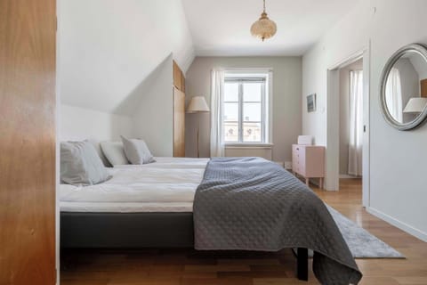 Bedroom with double bed (160 cm) and a lot of  generous storage space.