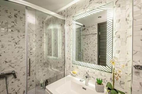 Modern bathroom with shower.