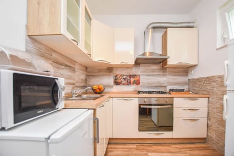 Apartment (A1) | Private kitchen | Fridge, microwave, oven, stovetop