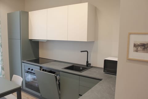 Elite Apartment | Private kitchen | Fridge, microwave, oven, stovetop