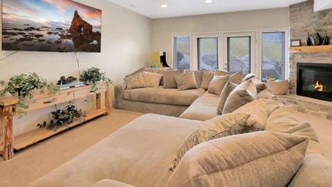 Bright, comfortable seating with plenty of pillows.