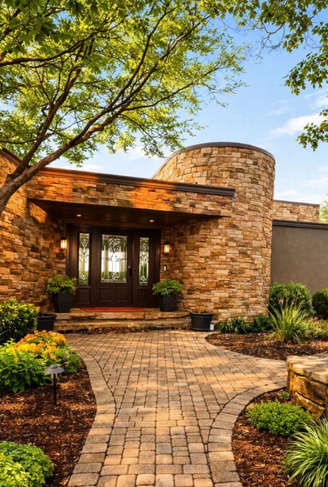 Elegant stone-front luxury home with landscaped gardens and a welcoming private entrance, perfect for upscale vacation stays and relaxing getaways
