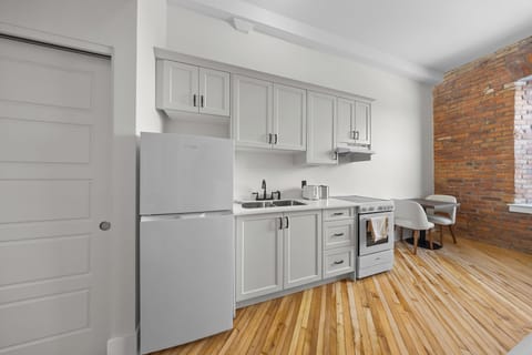 Full-size fridge, oven, stovetop, dishwasher