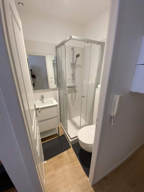 Salle de bain avec cabine de douche, meuble vasque et miroir — studio Le Daurade hyper-centre Toulouse