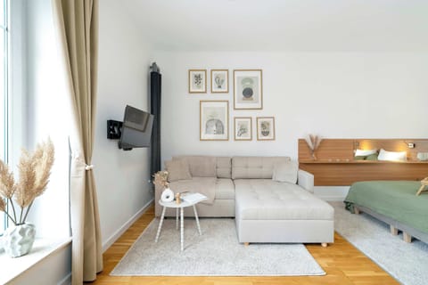 Bright living area with comfortable sofa, wall-mounted TV, and natural light from large window.
