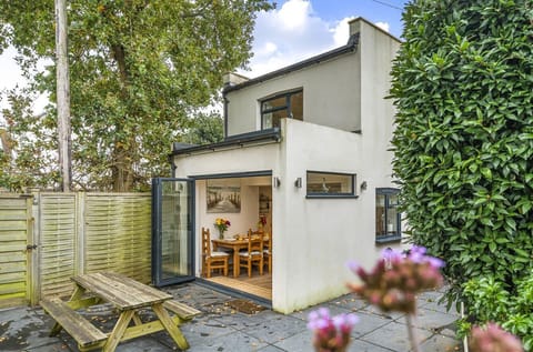 Part patio, part lawned garden.