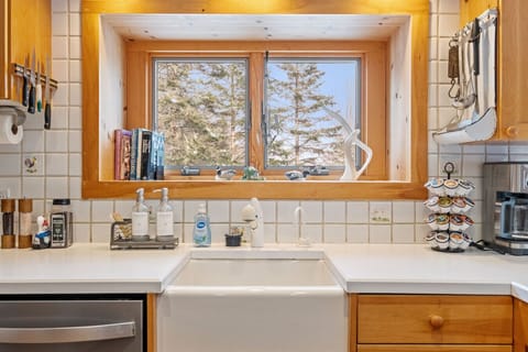 Kitchen window with a peaceful view straight into the woods