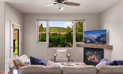 Living room: Smart TV, fireplace, access to hot tub 