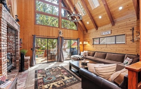 Living Room w/ soaring cathedral ceiling, skylights, fireplace & Smart TV