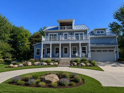 Front view, check out the three levels of decks.   Great views of Lake Michigan