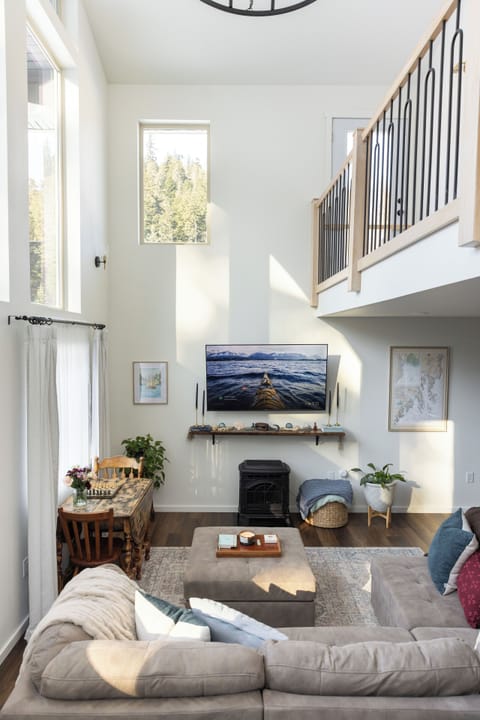 Open living room, filled with tons of natural light, smart TV and cozy couch.