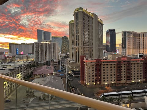 Glass balcony view at sunset