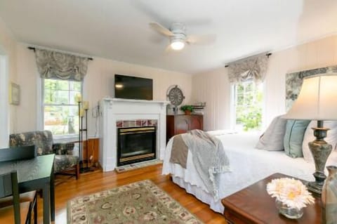 Forest Studio showing the queen size bed, gas fireplace and kitchenette. 