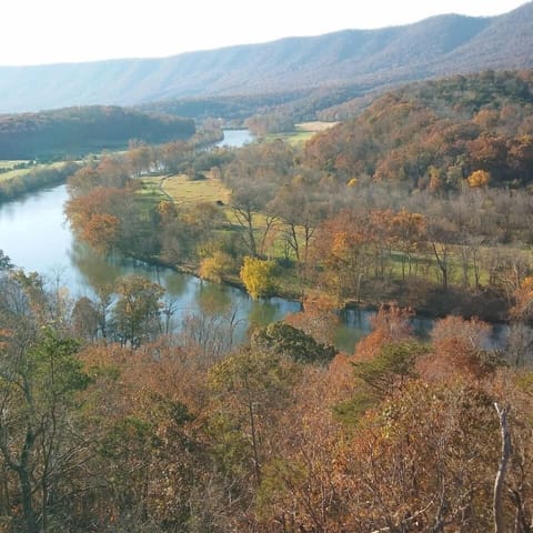 Shenandoah River from a nearby overlook — fall colors peak mid-October