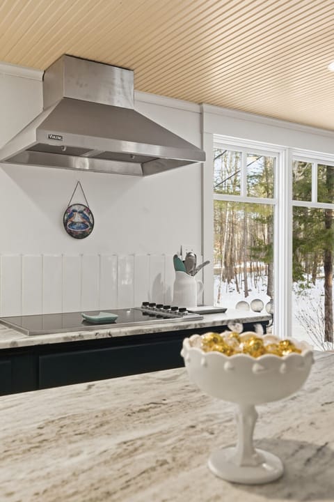 Kitchen workspace with forest views and modern finishes