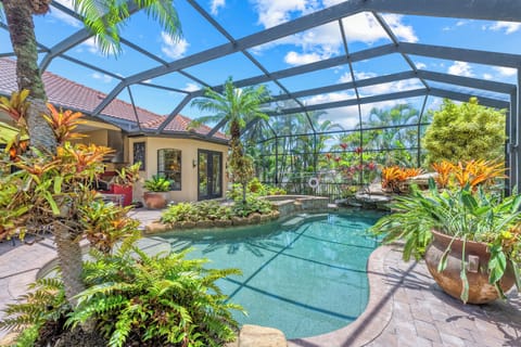 Welcome to Tranquility! A quiet outdoor setting with pool, water features, and layered landscaping.
