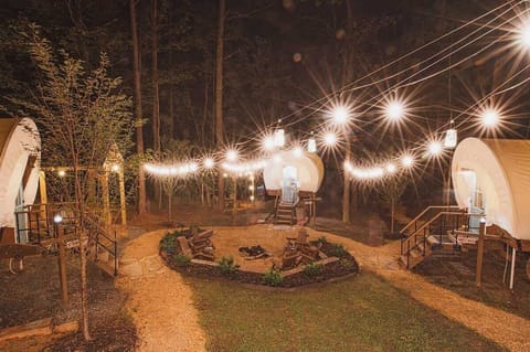 The wagon corral is magical at night with twinkling lights!