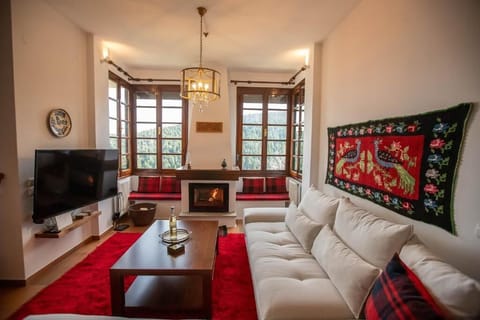 Warm Living Room with Traditional Fireplace and Cozy Seating