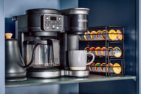 Barista-style coffee station with drip, pods, and a rainbow of flavors so your first decision of the day is simply which mug and which roast to wake up with
