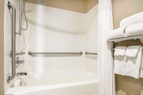 Combined shower/tub, hydromassage showerhead, hair dryer, towels