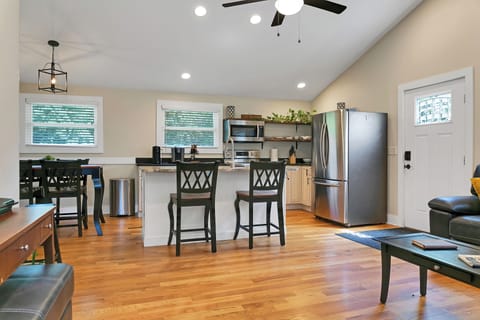 Open kitchen with stainless appliances for extended stays in Brevard NC