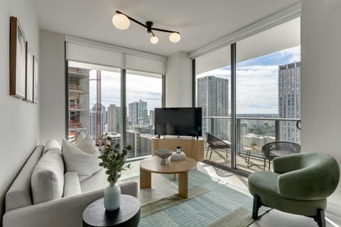 Bright living room with skyline views
