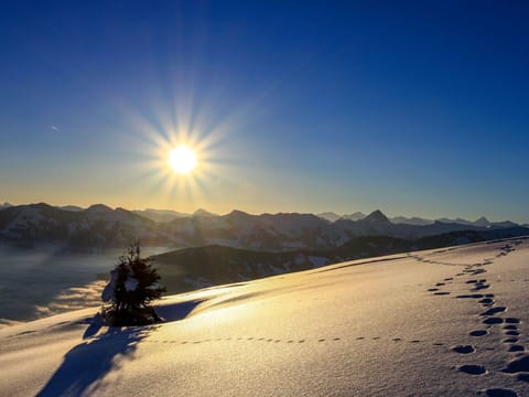 Sky, Sun, Blue, Nature, Winter, Mountainous Landforms, Snow, Mountain, Sunrise