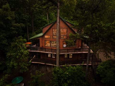 Elevated log cabin with green roof, glowing windows, and lush wooded