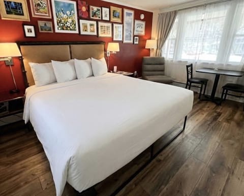 A bright bedroom with one king bed, crisp white linens, and a convenient in-room kitchenette.
