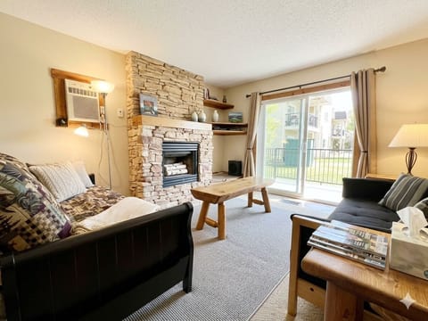 Cozy open-plan living. Gas fireplace, double futon sofa bed, warm lighting and Cable TV.