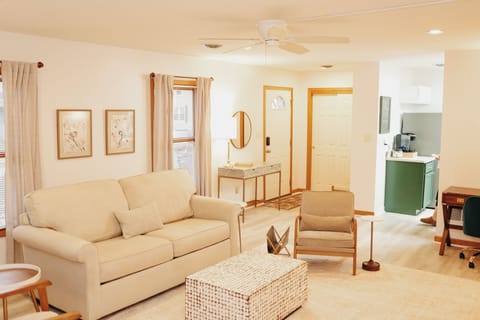 Living Room with full size sofa bed.