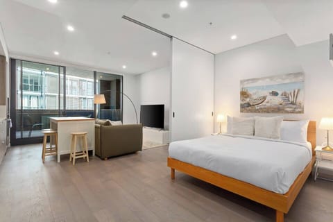 A sliding partition provides separation between the sleeping and living areas in an open-plan layout.