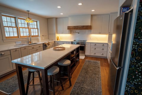 Bright, fully equipped kitchen with a large island and modern finishes.