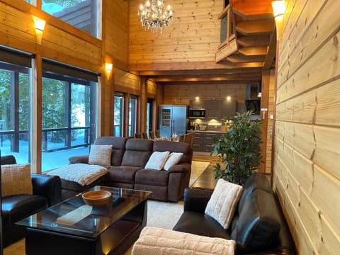 Deluxe Villa, Lake View | Living area | 65-inch Smart TV with cable channels, fireplace, heated floors