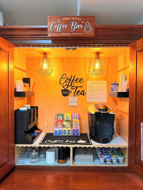 Self-serve "Coffee & Tea Bar" tucked into a charming vintage hutch. ❤️