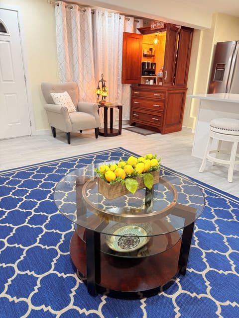 Stylish, inviting coffee-shop vibe for seating area and coffee bar.